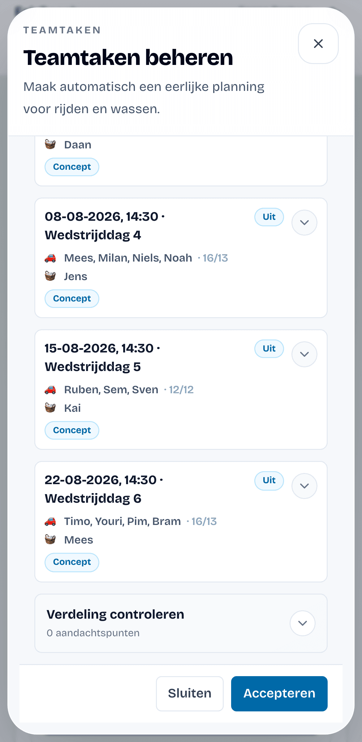 Mobiele FairCoach teamtakenplanning met overzicht voor poetsen, wassen en rijden.