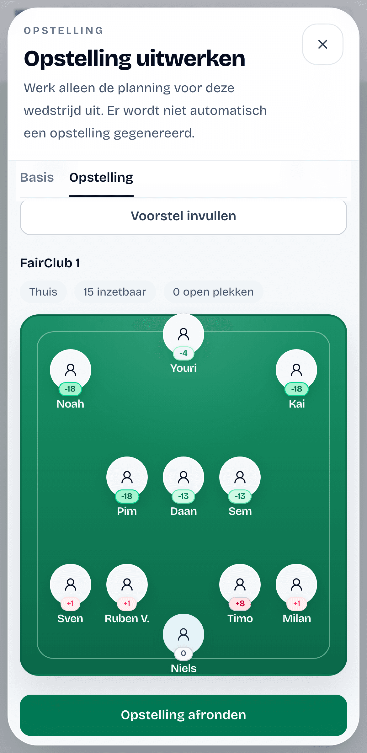 Mobiele FairCoach opstellingsvoorbereiding voor FairClub 1 met volledig veld en speeltijdsignalen.